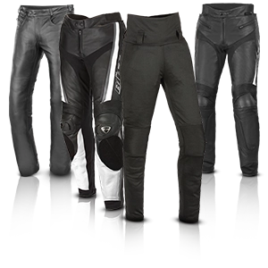 Motorradhosen für Damen in Leder, teils mit Protektoren und sportlichem Design.